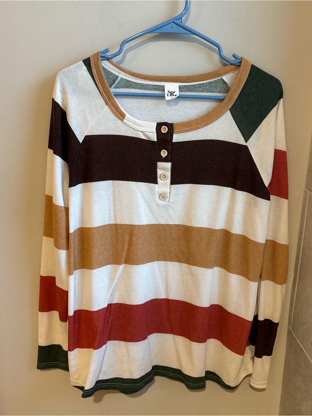 Sew In Love Striped Long Sleeve Henley - White, Brown, Mustard, Rust, Forest